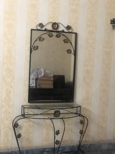 Brass console with mirror for sale with glass top