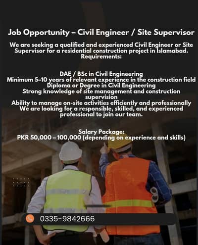 we are hiring site supervisor or civil engineer