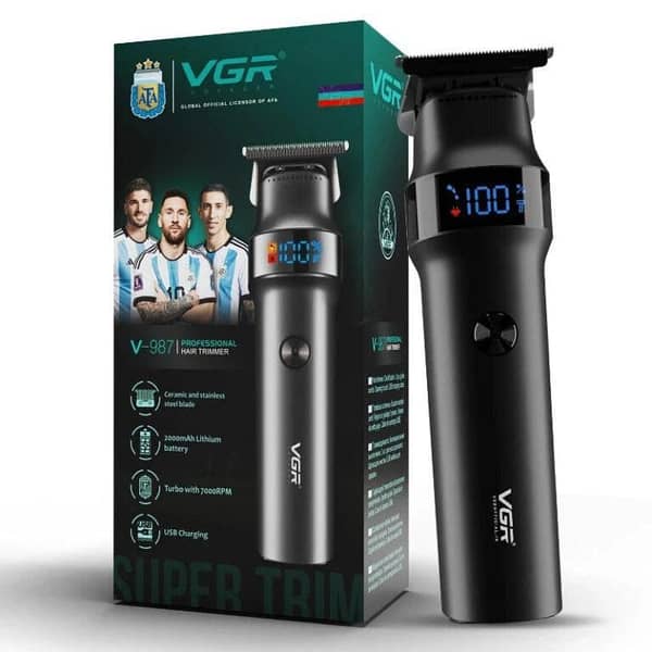 VGR V-987 Cordless Hair Clipper and Beard Trimmer with Digital Display and Turbo Function, 7000RPM, Stainless Steel & Ceramic Blades, 3 Guide Combs, 400 Min Runtime
