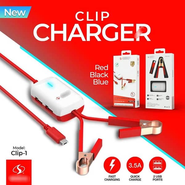 USA Original 3.5A Fast Charging Universal Battery Clip Charger (Model: Clip-1) with 2 USB Ports & DC Clamps - Red, Black, Blue Options