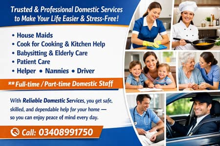 House maids / Maid / Nanny / Helper / Cook / Patient care / nurse