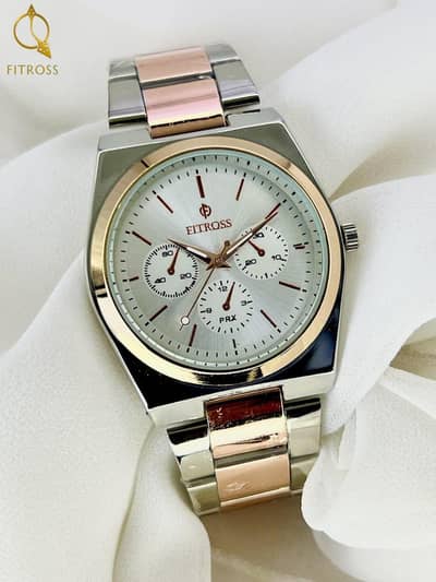 fotross Classic Gents Wrist Watch Silver Dial with Rose Gold Stra