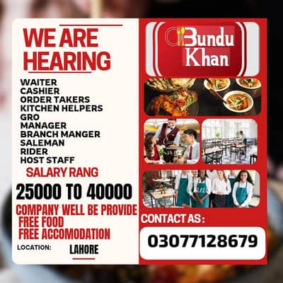staff required waiter, order taker, cashier, manager,branch manger