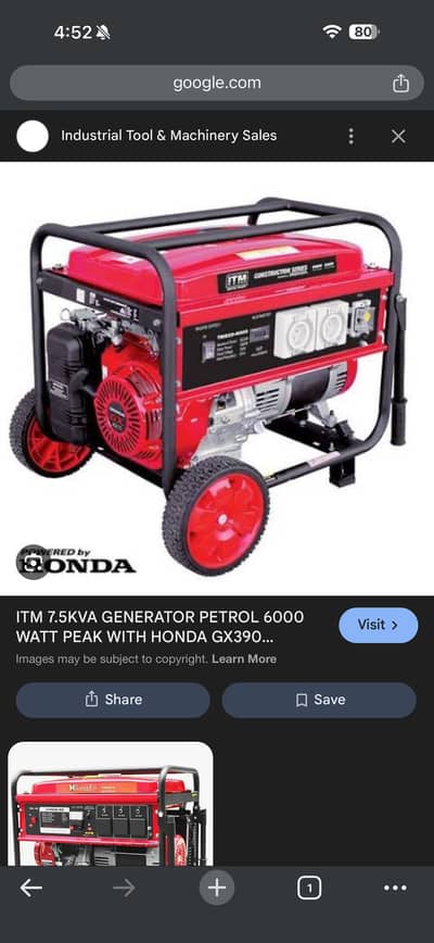 Honda Generator 7.5 KVa used , petrol and gas