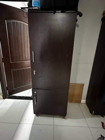 Dark Brown Wooden Wardrobe with Lock & Wheels – Good Condition