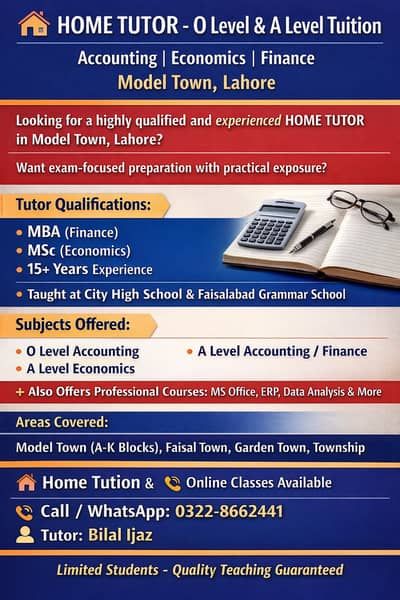 HOME TUTOR O/A Level Accounting & Economics – Model Town Lahore