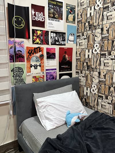 Grey Bed with Soft Cushioned Headboard