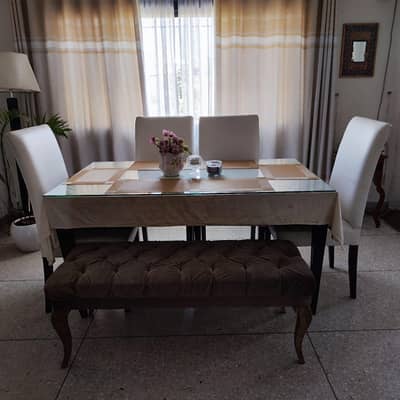 Wooden Dining Table with Glass Top – 6 Chairs Included