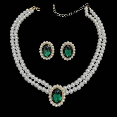 Emerald Pearl Necklace Set. Double Strand with Matching Stud Earrings
