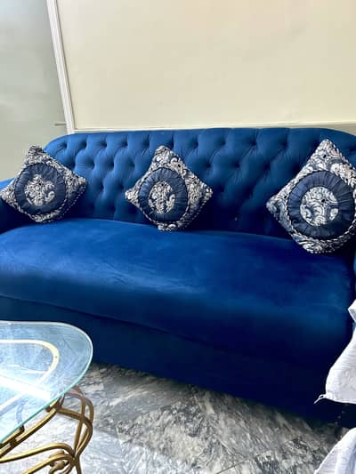 Royal Blue Velvet Sofa Set with Matching Curtains