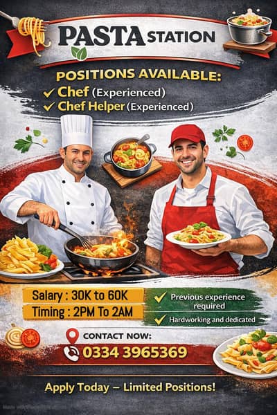 experienced Chef and  helper Required – Bahria Town Karachi
