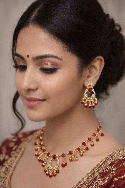 Elegant Red & Gold Bridal Necklace Set with Matching Earrings