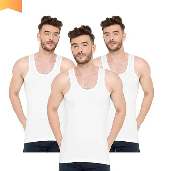 Pack of 3 Export Quality Men's Without Sleeves Vest/Sando -100% Cotton Bunyan - White Inner wear
