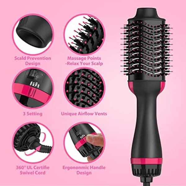 Hair Dryer Brush 3-in-1 One Step Hot Air Volumizer | Ionic Ceramic Blow Dryer Brush | Red