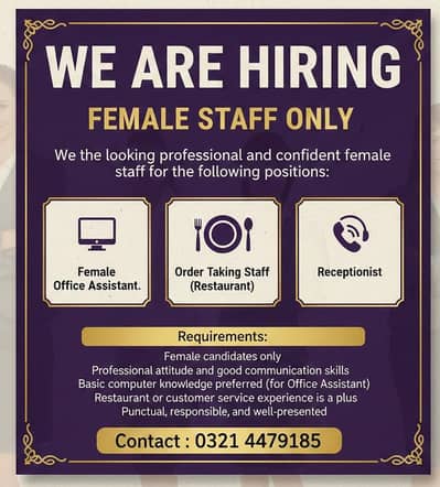 Female Office Assistant || Order Taking Staff  || Receptionist || Jobs