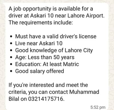 Driver required for  Family at Askari 10  Near Airport
