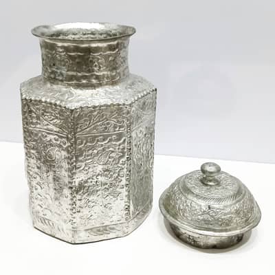 Antique Hand-Hammered Handmade Floral Copper Jar with Lid