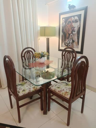 Elegant Wooden Dining Table with Glass Top & 4 Chairs