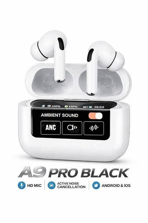 A9 Pro Wireless Earbuds with ANC | Touch Display Case | Bluetooth | Android & iOS