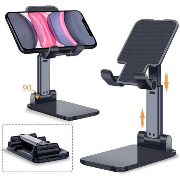Fully Foldable & Adjustable Cell Phone Stand for Desk, Portable Universal Phone Holder, Compatible with All Smartphones & Tablets (Black)