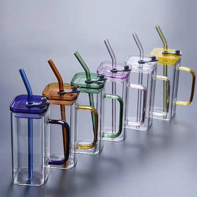 *Premium Square Shape Glass With Glass Straw