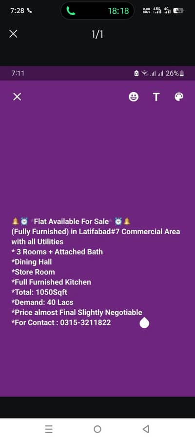Flat availabale for Sale in Unit No 7 , Latifabad Commercial Area
