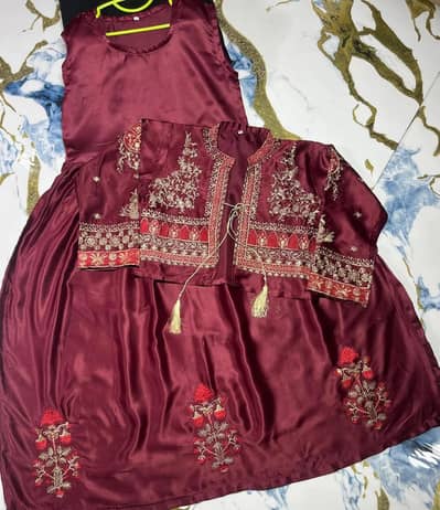 2 Pcs girls shamooz silk Embroidered Maxi and jacket