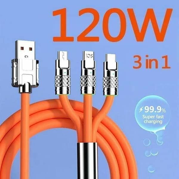 120W Super Fast Charging 3-in-1 Data Cable (USB-A to Lightning/Type-C/Micro USB) - High-Speed Multi-Device Charger Cord