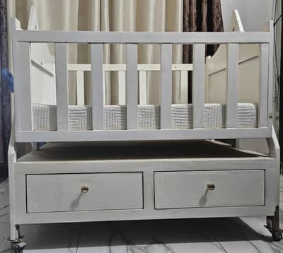 baby cot with swing and drawers and mattress