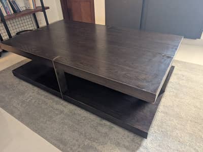 Coffee Table – Oak Ply with Brass Pillars (Good Condition)