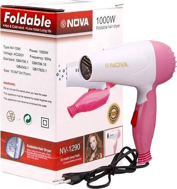 Nova NV-1290 1000W Foldable Hair Dryer for Women | Professional Electric Hair Dryer with 2-Speed Control | Compact & Lightweight | Multicolor