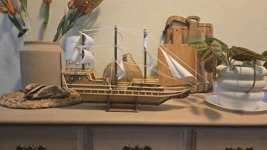Handmade Wooden & Cardboard Ship Model with Wall & Table Stand –