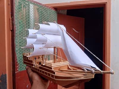 Handmade Wooden & Cardboard Ship Model with Wall & Table Stand –