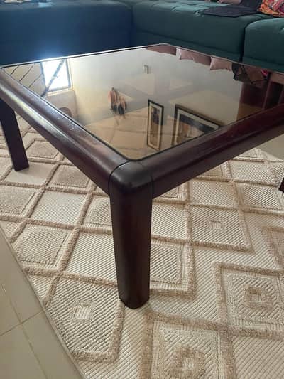 Square Glass Top Coffee Table - Solid Wood Frame (2.9ft x 2.9ft)