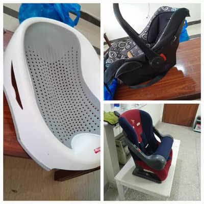car seat, cot, bath tub