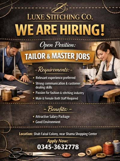Tailor Master Required / Male & Female Jobs / Jobs In Karachi