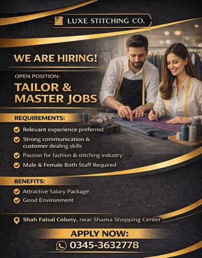 Master & Tailor Required / Male & female Jobs / Urgent Hiring / Jobs
