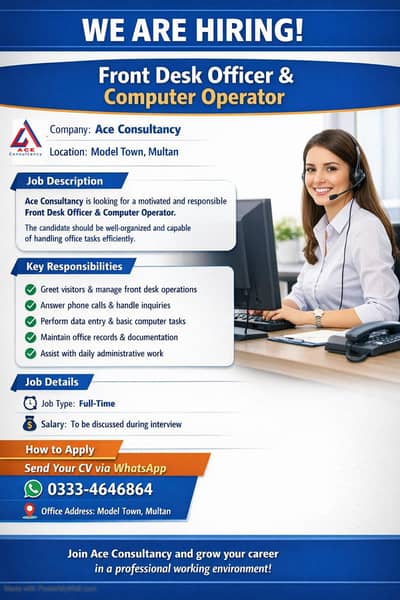 Front Desk Officer and Computer Operator Required in Model Town Multan