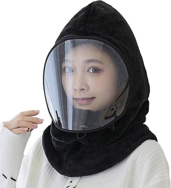 Adult Warm Winter Hooded Cap with Transparent Fogless Face Shield | Fleece Ski Cycling Outdoor Pullover Hat for Men & Women | Windproof Cold Protection Mask