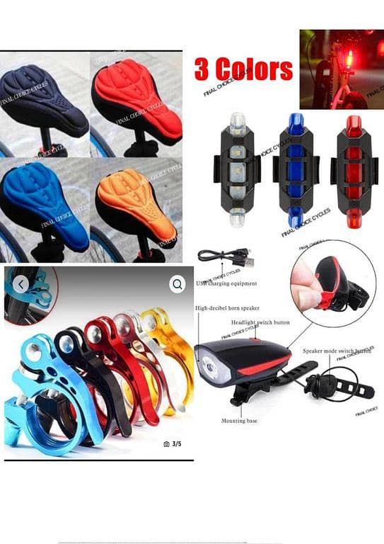 5-in-1 Ultimate Cycling Safety & Comfort Bundle Bicycle Accessories USB Rechargeable Headlight, High-Decibel Horn, 3-Color Gel Seat Cover & Tail Lights Cycle