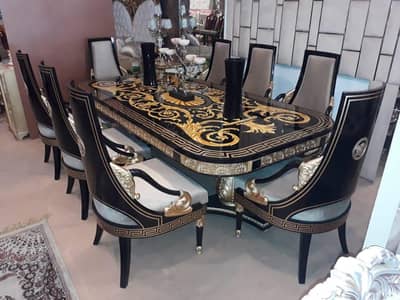 Royal Chinioti Hand-Carved Dining Table Set – High Gloss Gold Edition