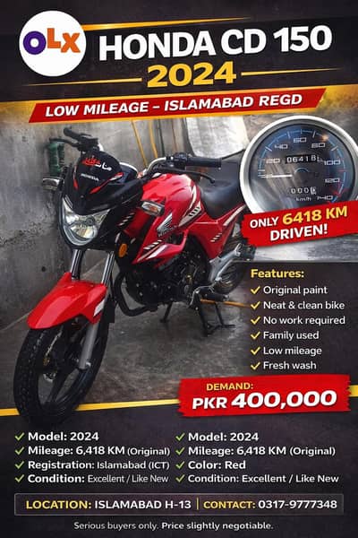 Honda CD 150 2024 Model – Low Mileage – Islamabad Registered