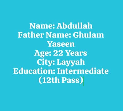 I need Job . Name Abdullah Education 12 City Layyah