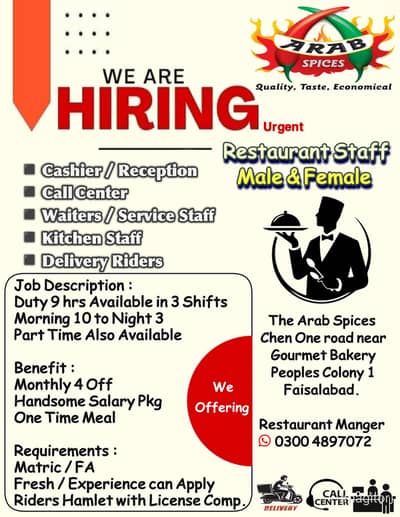 Urgent Hiring Riders / Cashier / Call Center / Service Staff / Kitchen
