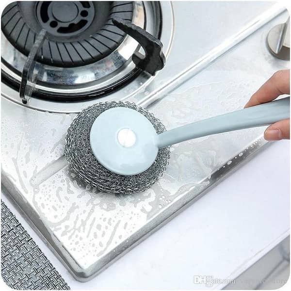 Stainless Steel Wool Ball Brush With Long Handle Kitchen Hanging Strong Cleaning