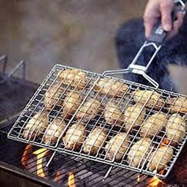 BBQ Barbecue Grill Basket Premium Stainless Steel Wooden Handle Wire Net For outdoor & Indoor Cooking