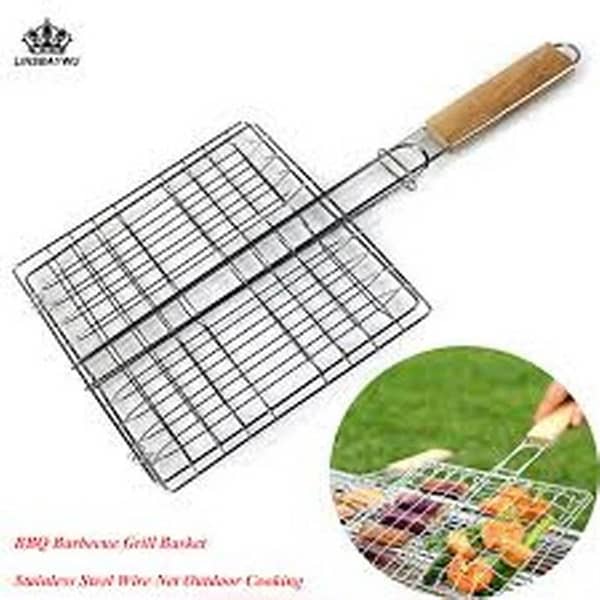 BBQ Barbecue Grill Basket Premium Stainless Steel Wooden Handle Wire Net For outdoor & Indoor Cooking