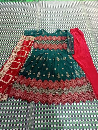 Designer Style Embroidered Frock with Silk Churidaar & Net Dupatta