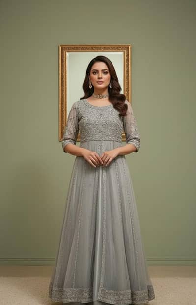 Designer Style Heavy Embroidered Maxi - Mint Grey (New Condition)