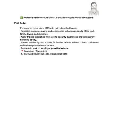 Professional Driver Available – Car & Motorcycle (Vehicle Provided)